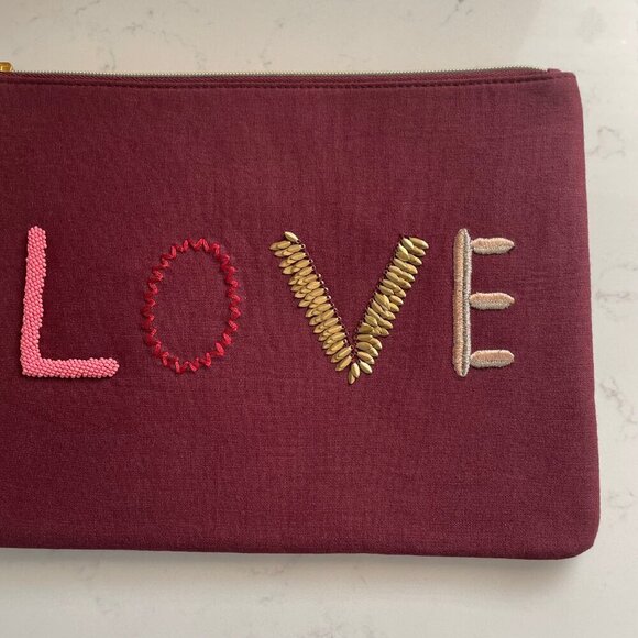 Stella & Dot 'LOVE' Retired Lined Zip Clutch w Tassel Burgundy + Pink OS NWOT - Picture 2 of 13